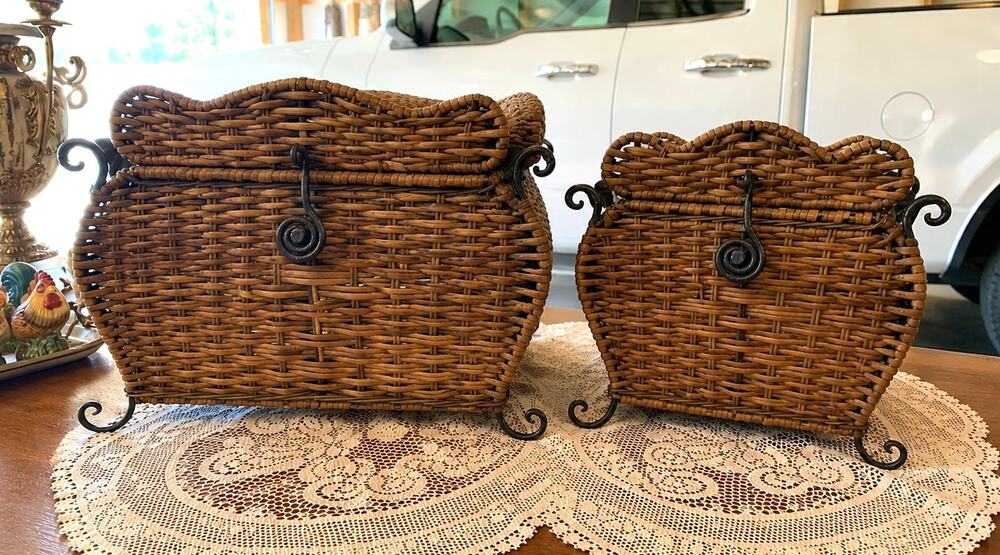 Woven Wicker Baskets with Wrought Iron Handles and Latches - Set of 2